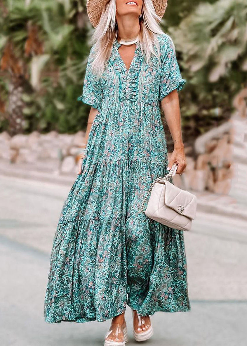 Blue Ruffled Dress Patchwork Sleeve Maxi Short