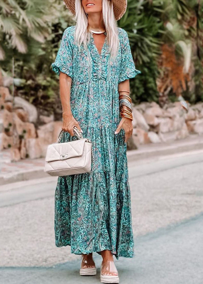 Blue Ruffled Dress Patchwork Sleeve Maxi Short