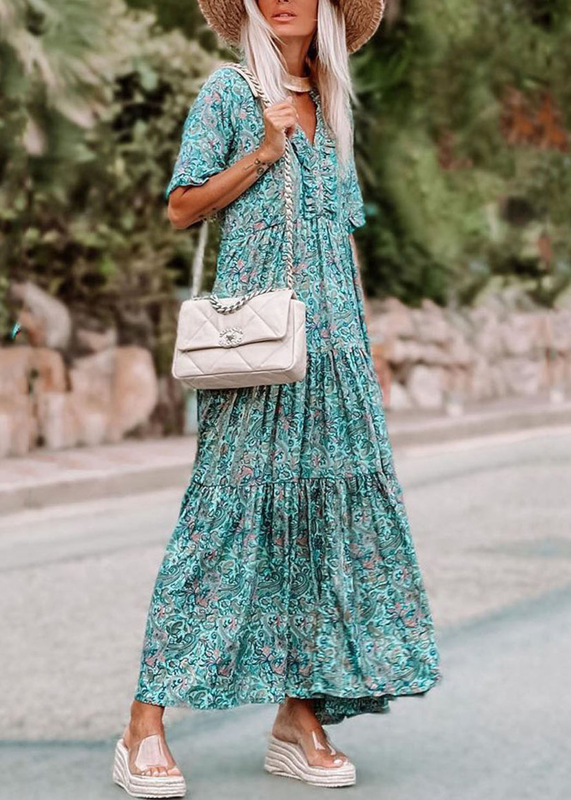 Blue Ruffled Dress Patchwork Sleeve Maxi Short