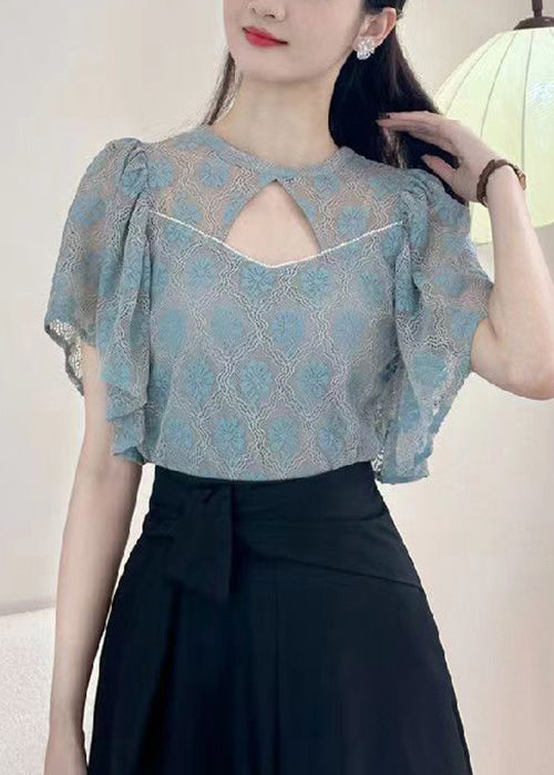 Blue Solid Button Blouses O-Neck Short Sleeve OP1017