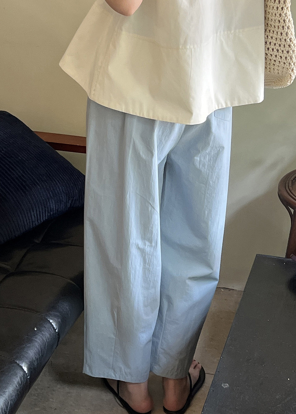 Blue Solid Loose Cotton Crop Pants Elastic Waist Summer YH001