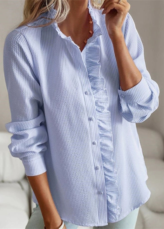 Solid Patchwork Puff Sleeve Shirt Ruffled Blue