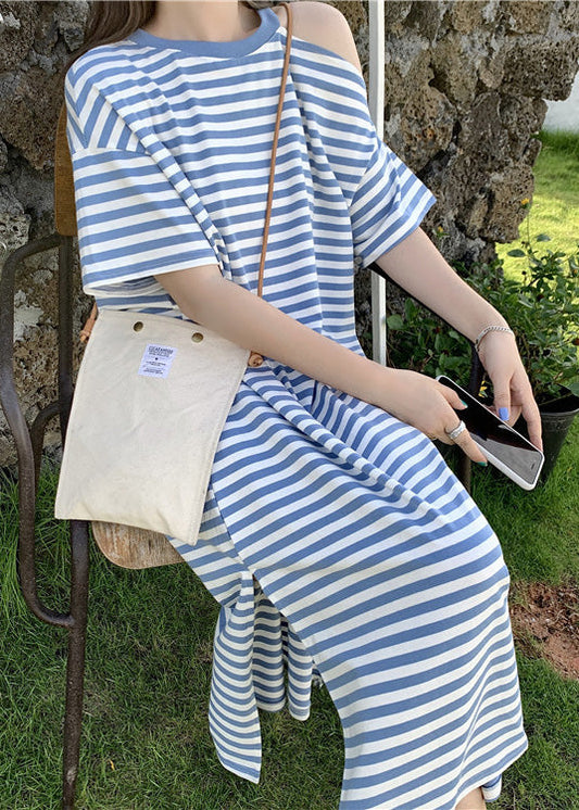 Shoulder Blue Cold Robe Striped Cotton Summer Dresses