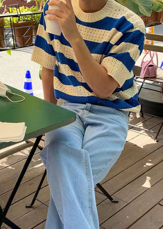 Summer Striped T Blue Mens Shirts Out Knit Hollow Graphic