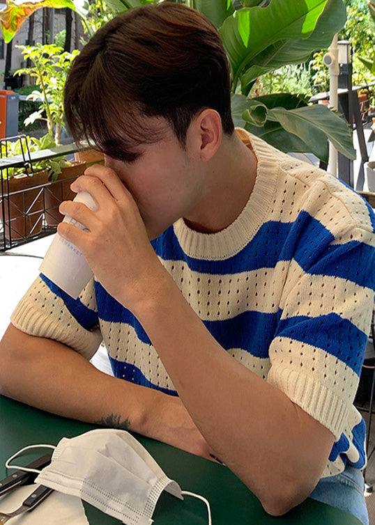Summer Striped T Blue Mens Shirts Out Knit Hollow Graphic