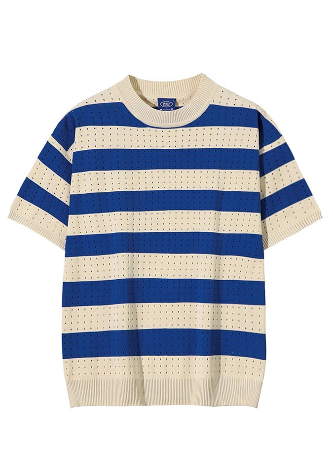 Summer Striped T Blue Mens Shirts Out Knit Hollow Graphic
