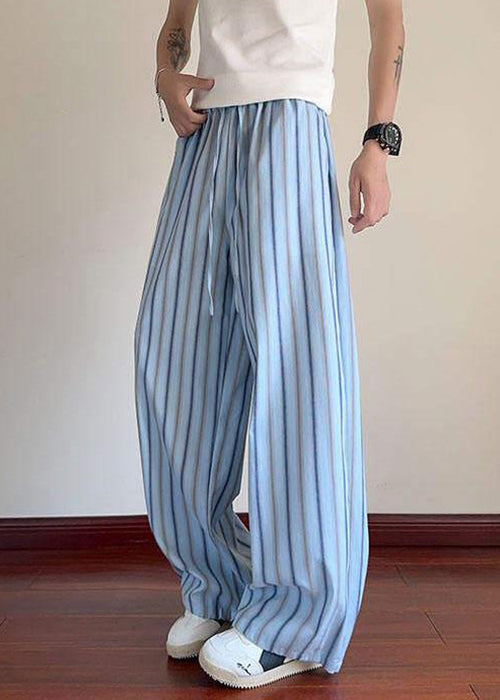 Summer Blue Pants Cotton Striped Elastic Men Lace Waist Up