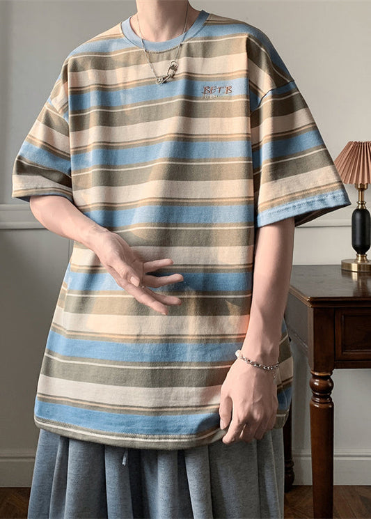 Striped Men Blue T Shirts Summer Letter Cotton O Neck