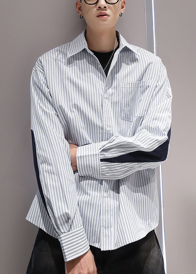 Patchwork Pan Men Striped Cotton Collar Shirts Peter Blue Pockets