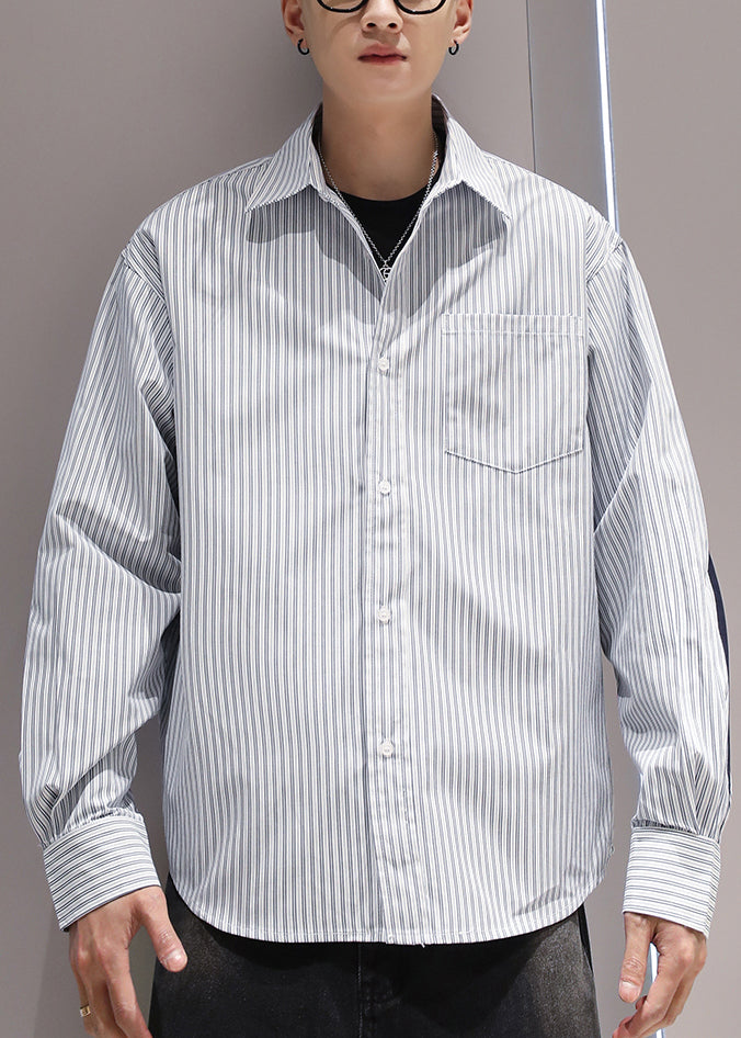 Patchwork Pan Men Striped Cotton Collar Shirts Peter Blue Pockets