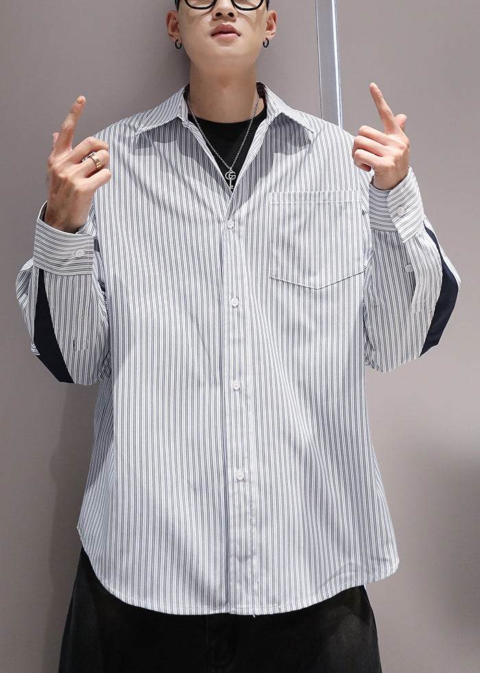 Patchwork Pan Men Striped Cotton Collar Shirts Peter Blue Pockets