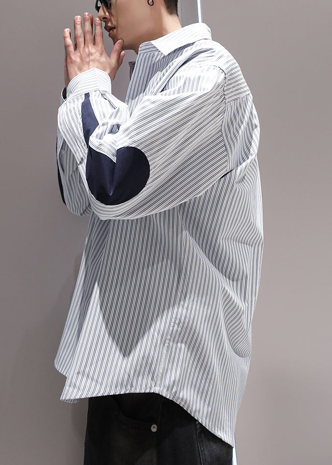 Patchwork Pan Men Striped Cotton Collar Shirts Peter Blue Pockets
