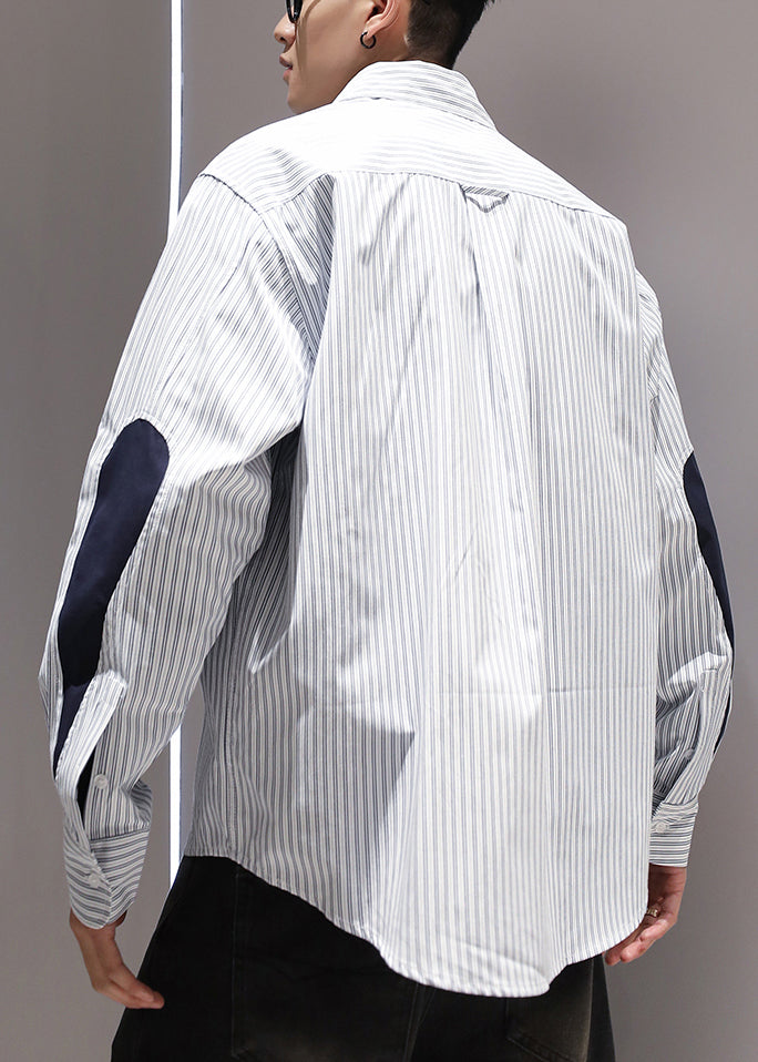 Patchwork Pan Men Striped Cotton Collar Shirts Peter Blue Pockets