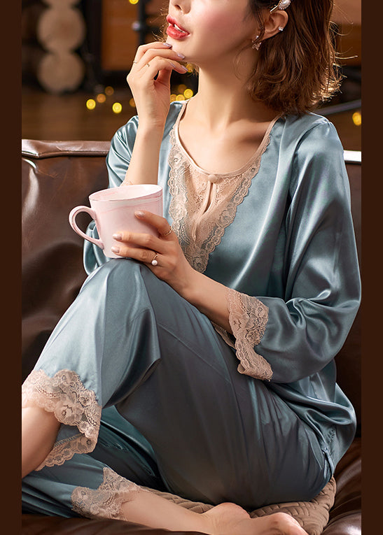 Set Blue Pajamas Neck And Pants Fall Tops Crop O Piece Two Silk