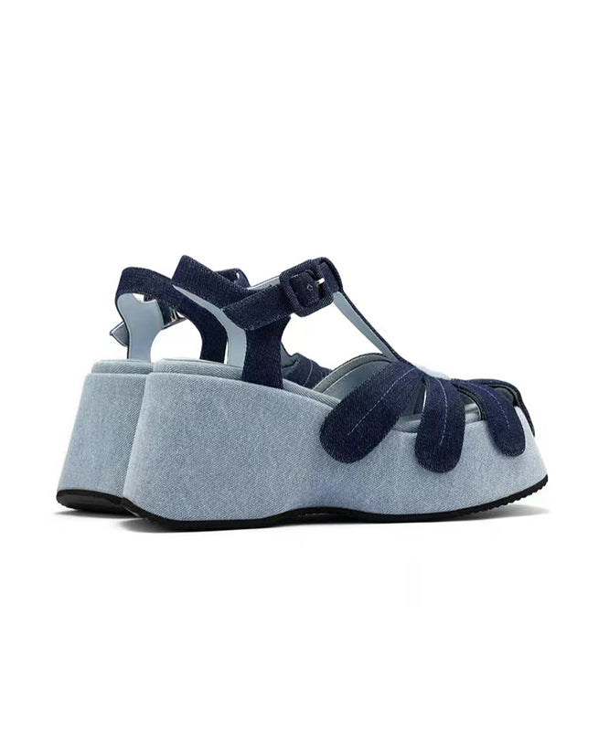Sandals Fabric Wedge Denim Out Blue Splicing Hollow Fashion