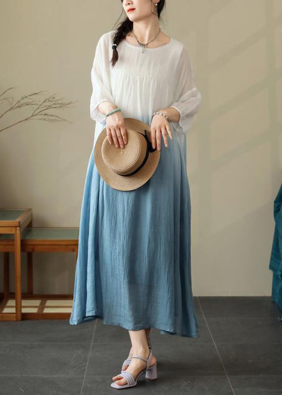 Dresses O Neck Summer Cotton Wrinkled Blue
