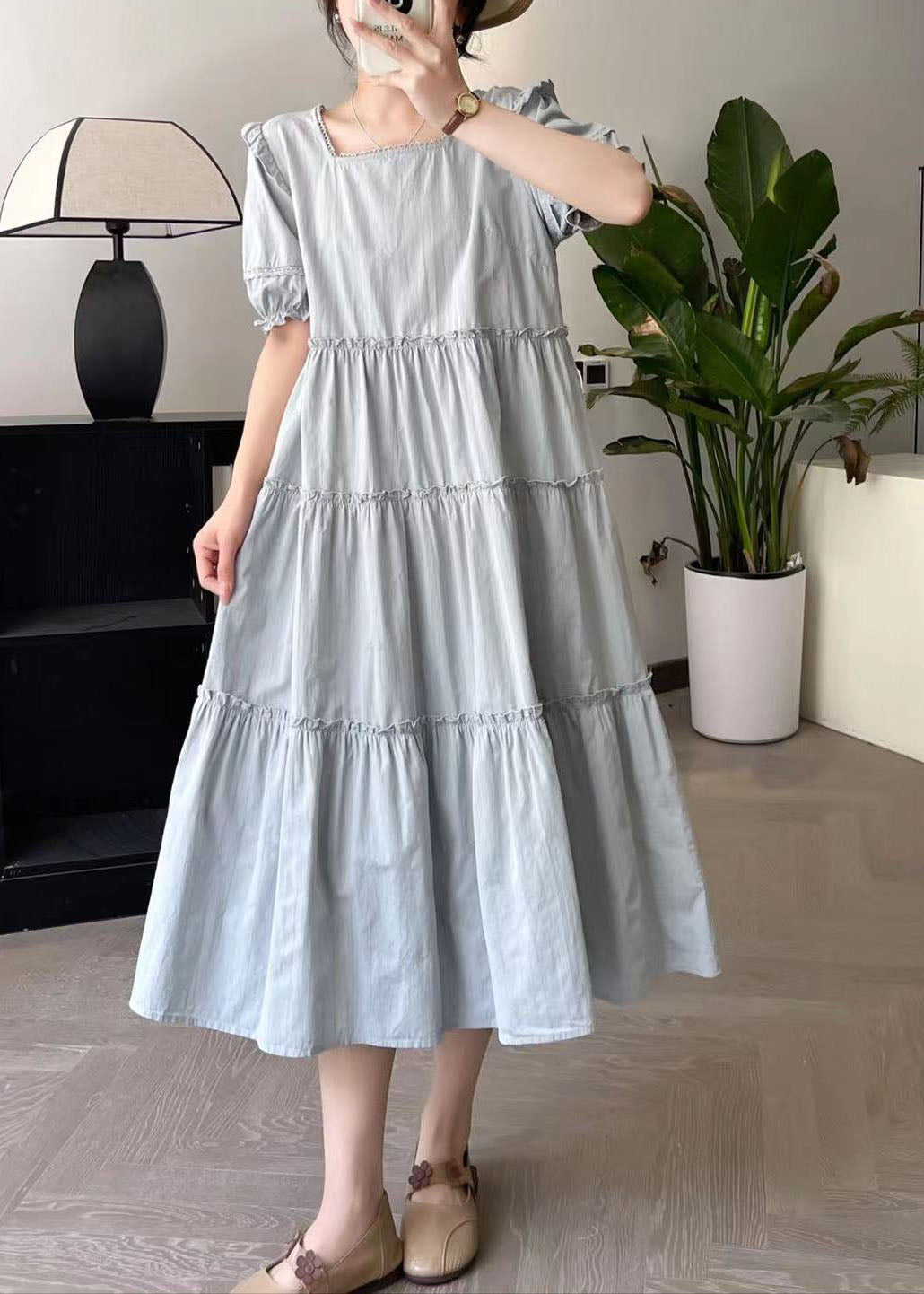 Robe longue de vacances en patchwork bleu froissé été BV028