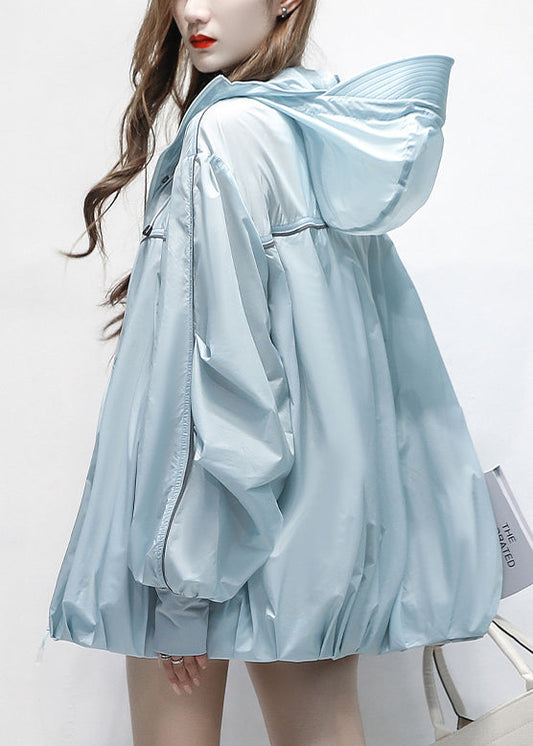 Hooded Coats Cotton Blue Thin Zippered Summer Pockets