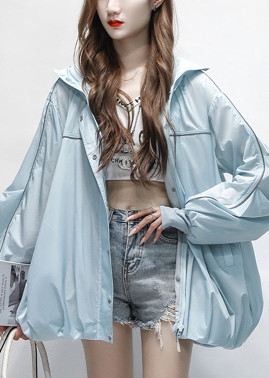 Hooded Coats Cotton Blue Thin Zippered Summer Pockets