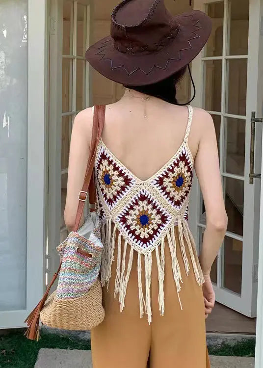 Bohemian Apricot Hollow Out Tasseled Strap Tank Summer Ada Fashion