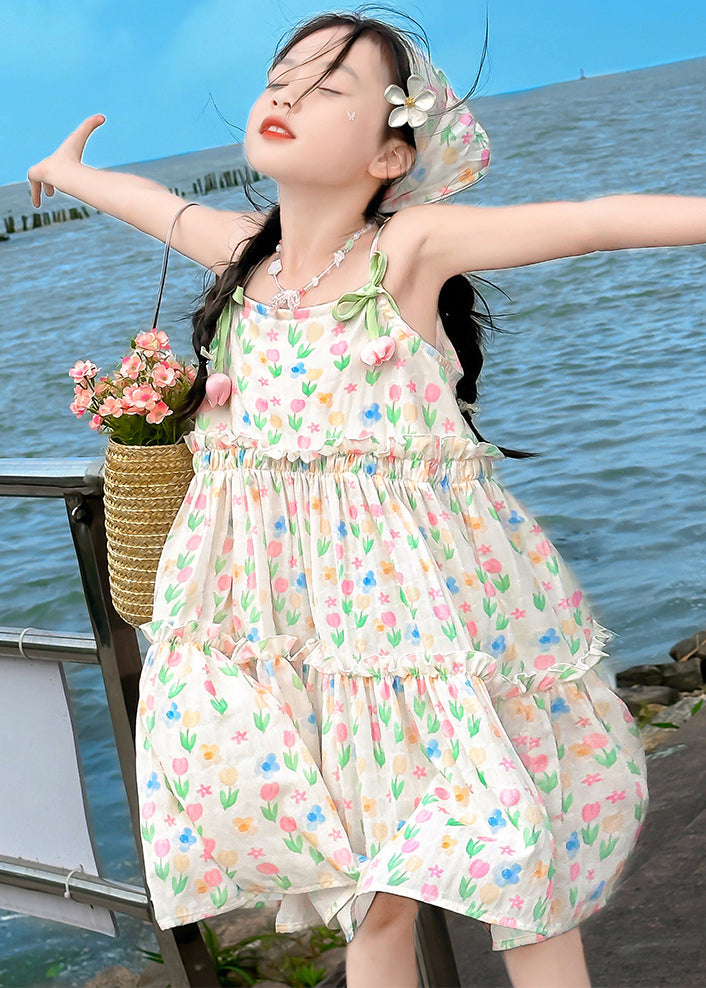 Bohemian Apricot Ruffled Print Cotton Girls Spaghetti Strap Dress Sleeveless EW034