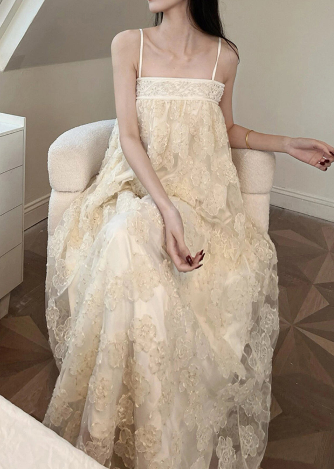 Beige Tulle Dresses Bohemian Embroidered Long Patchwork