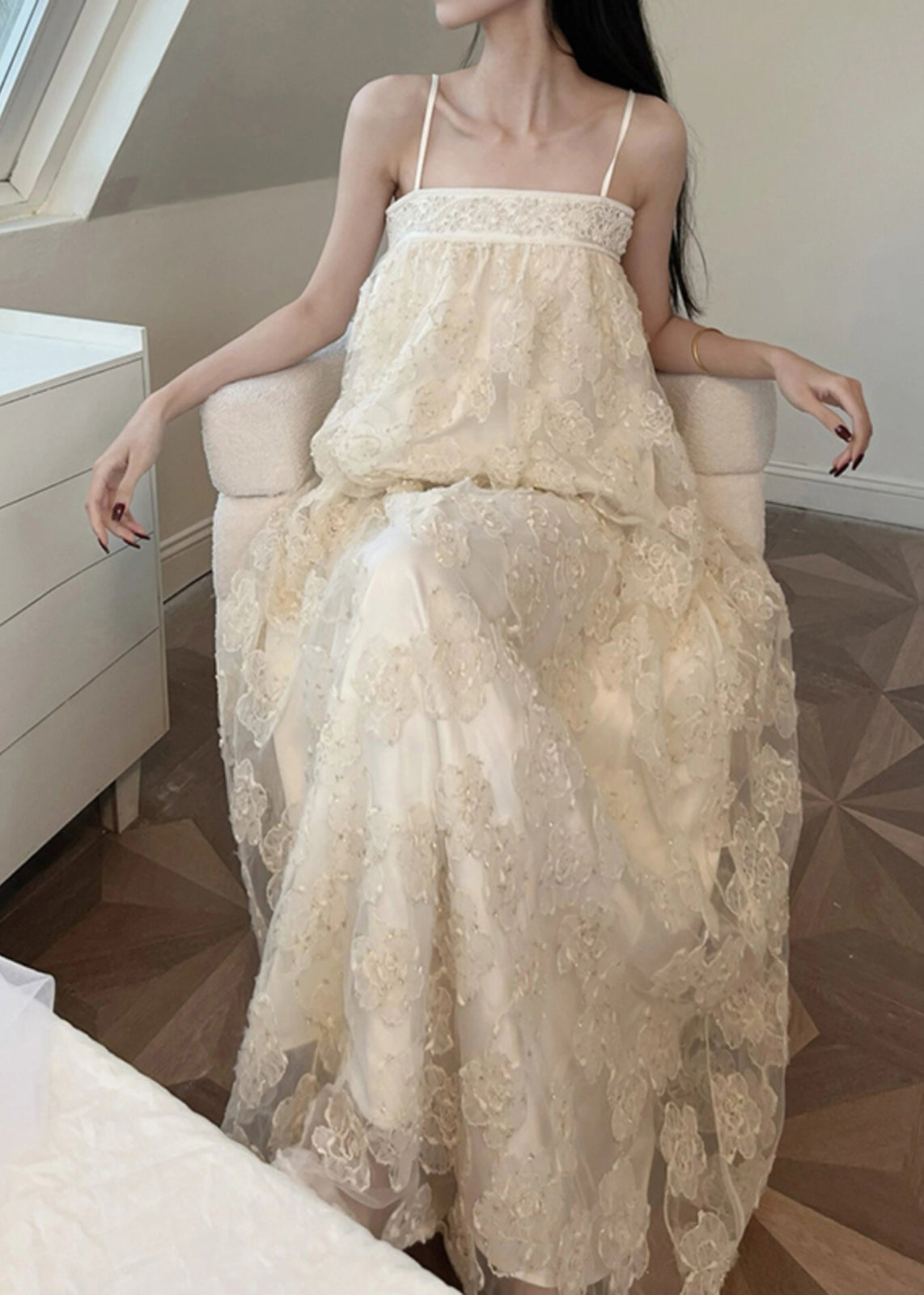 Beige Tulle Dresses Bohemian Embroidered Long Patchwork