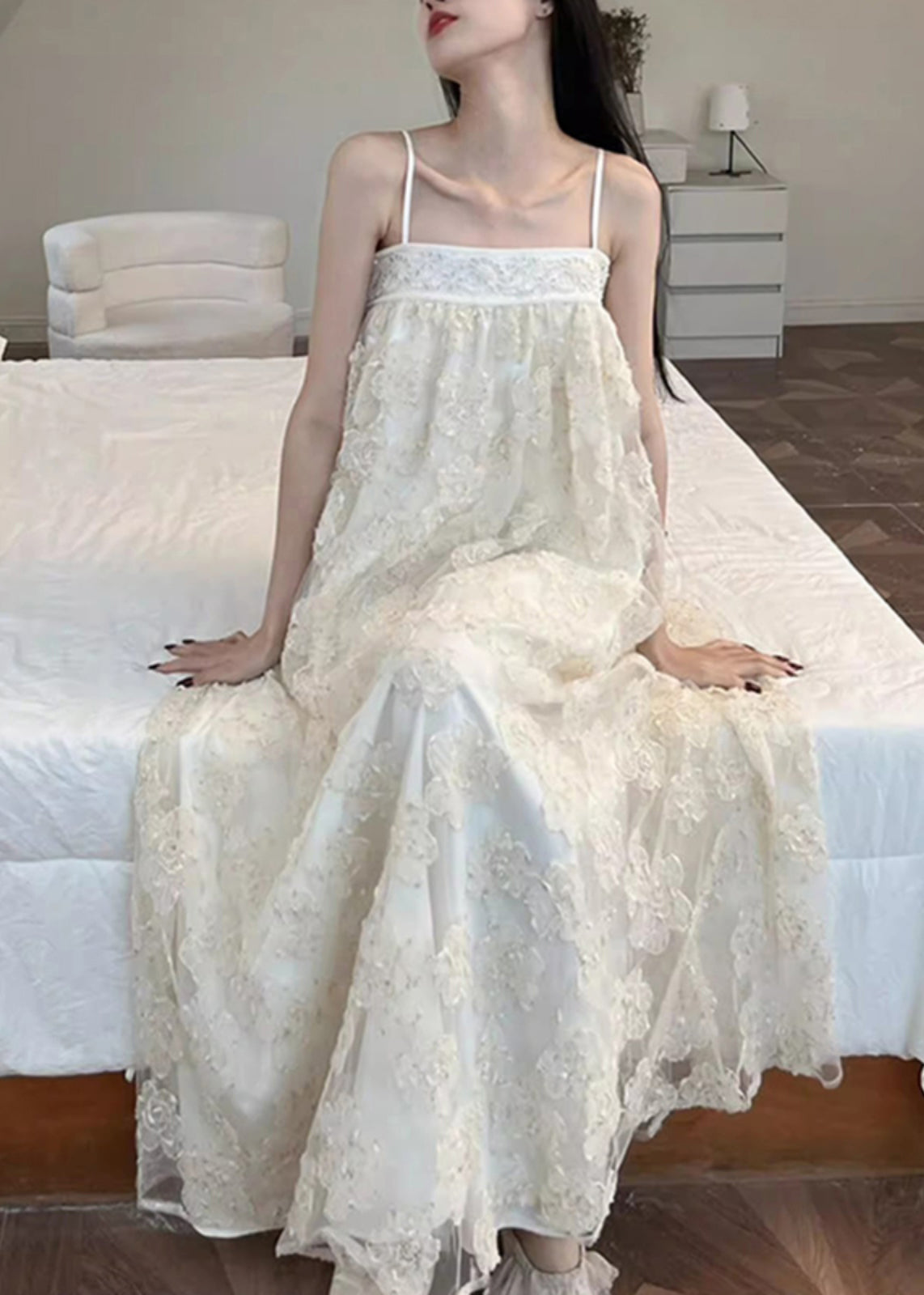 Beige Tulle Dresses Bohemian Embroidered Long Patchwork