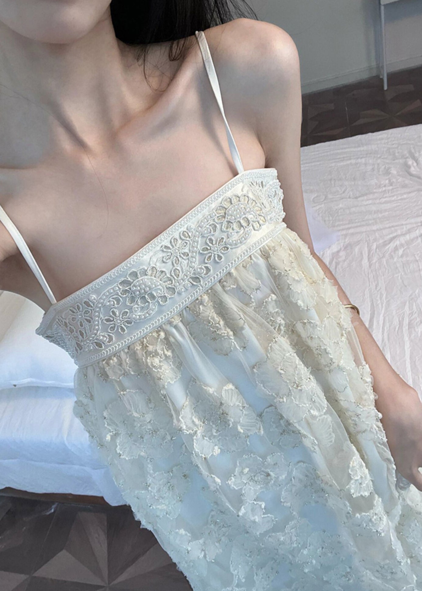 Beige Tulle Dresses Bohemian Embroidered Long Patchwork