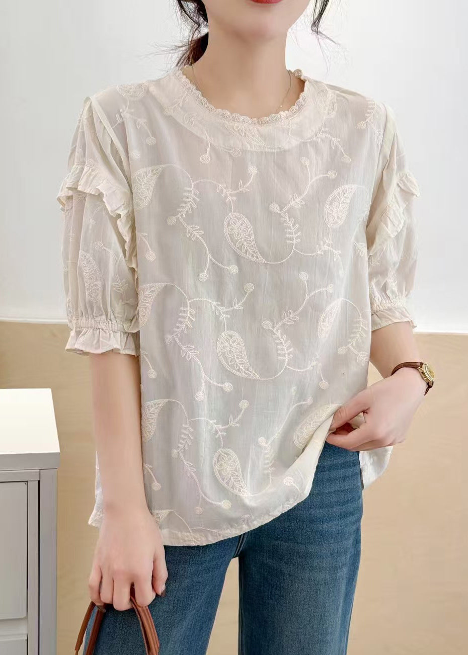 Beige Cotton Embroideried Bohemian Summer Tanks