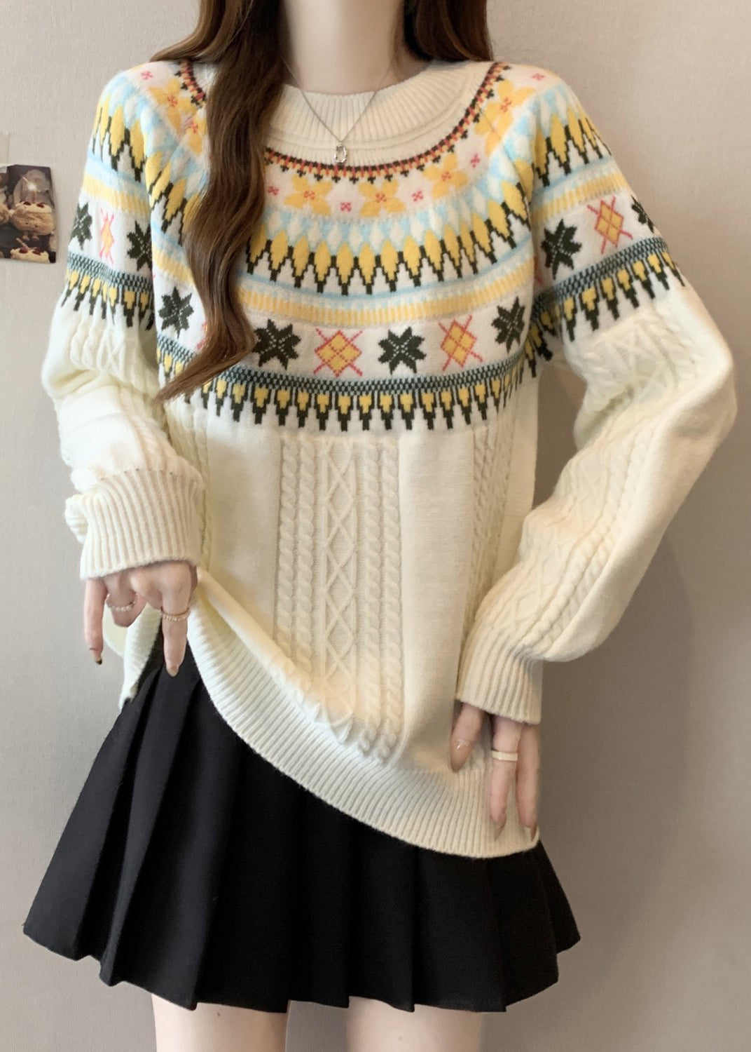 Bohemian Beige O Neck Jacquard Thick Knit Pullover Winter RG029