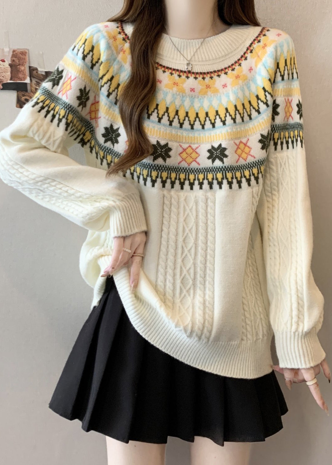 Bohemian Beige O Neck Jacquard Thick Knit Pullover Winter RG029