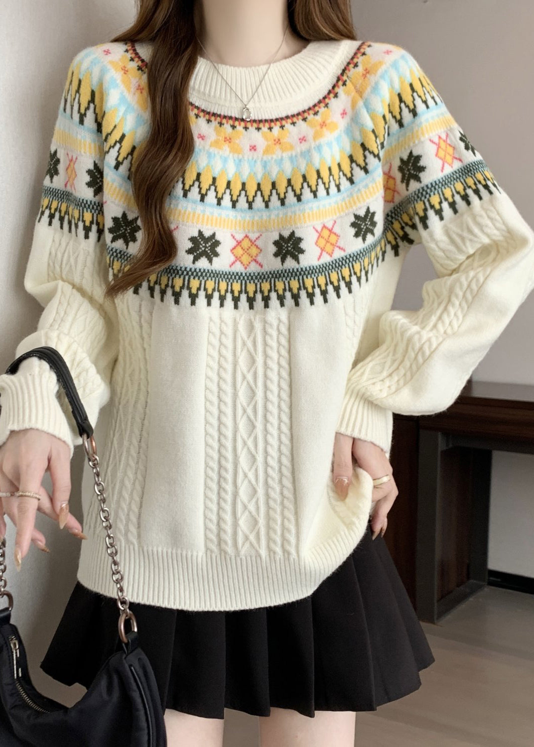 Bohemian Beige O Neck Jacquard Thick Knit Pullover Winter RG029