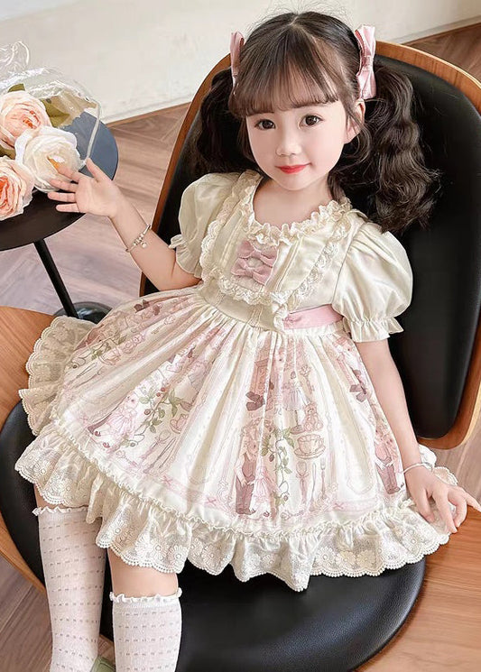 Bohemian Beige Ruffled Print Lace Up Cotton Girls Dresses Summer TT006