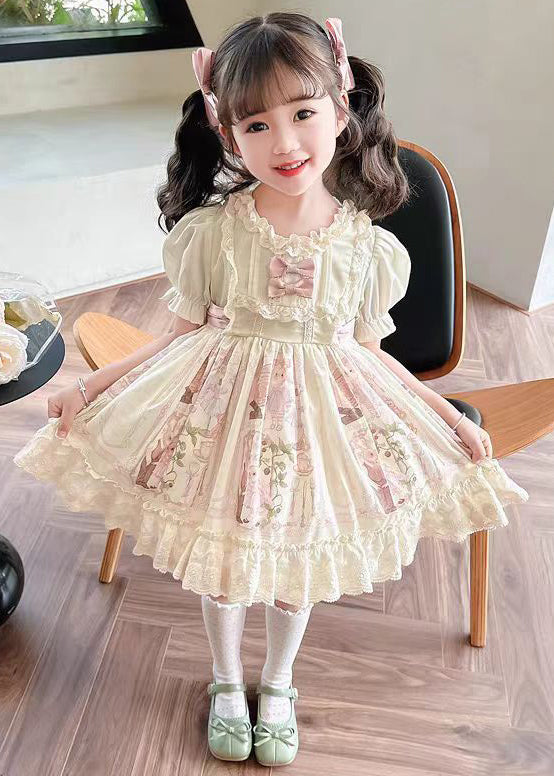 Robe d'été en coton à lacets et imprimé bohème beige pour fille TT006