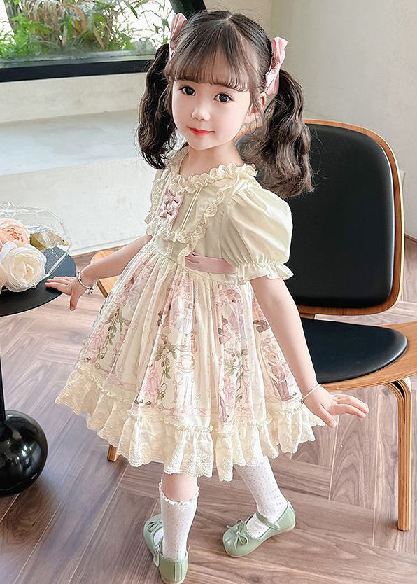 Robe d'été en coton à lacets et imprimé bohème beige pour fille TT006