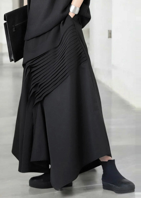 Wrinkled Asymmetrical Fall Black Cotton Bohemian Skirt