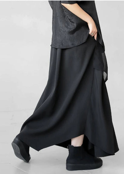 Wrinkled Asymmetrical Fall Black Cotton Bohemian Skirt