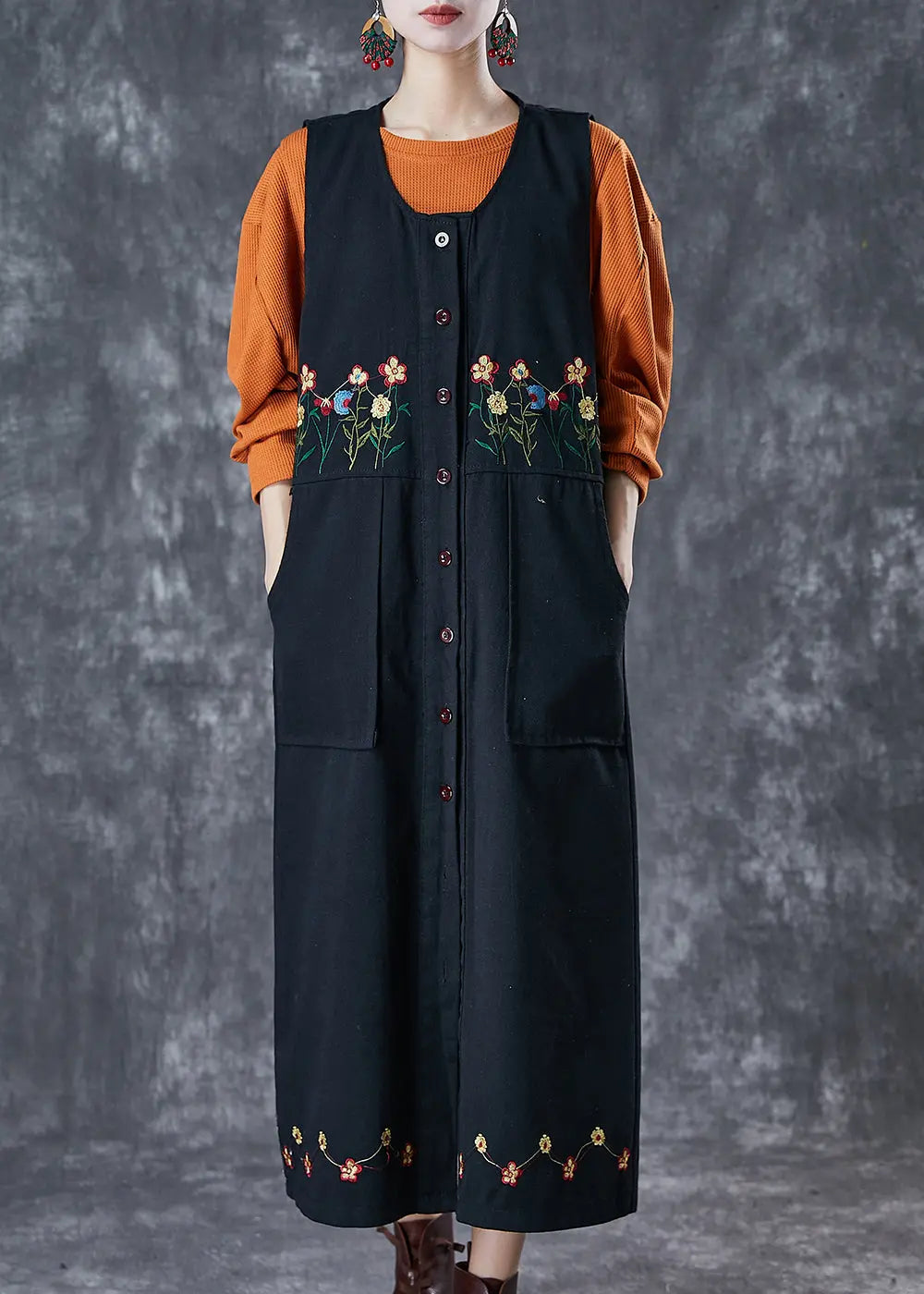 Bohemian Black Embroidered Pockets Cotton Two Pieces Set Spring Ada Fashion