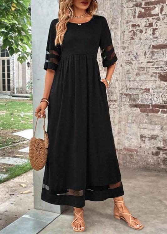 Tulle O-Neck Patchwork Summer Dress Long Black Bohemian