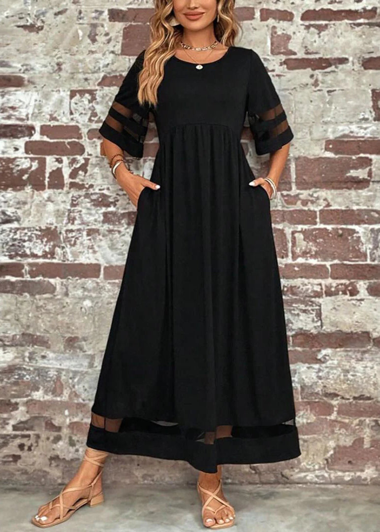 Tulle O-Neck Patchwork Summer Dress Long Black Bohemian