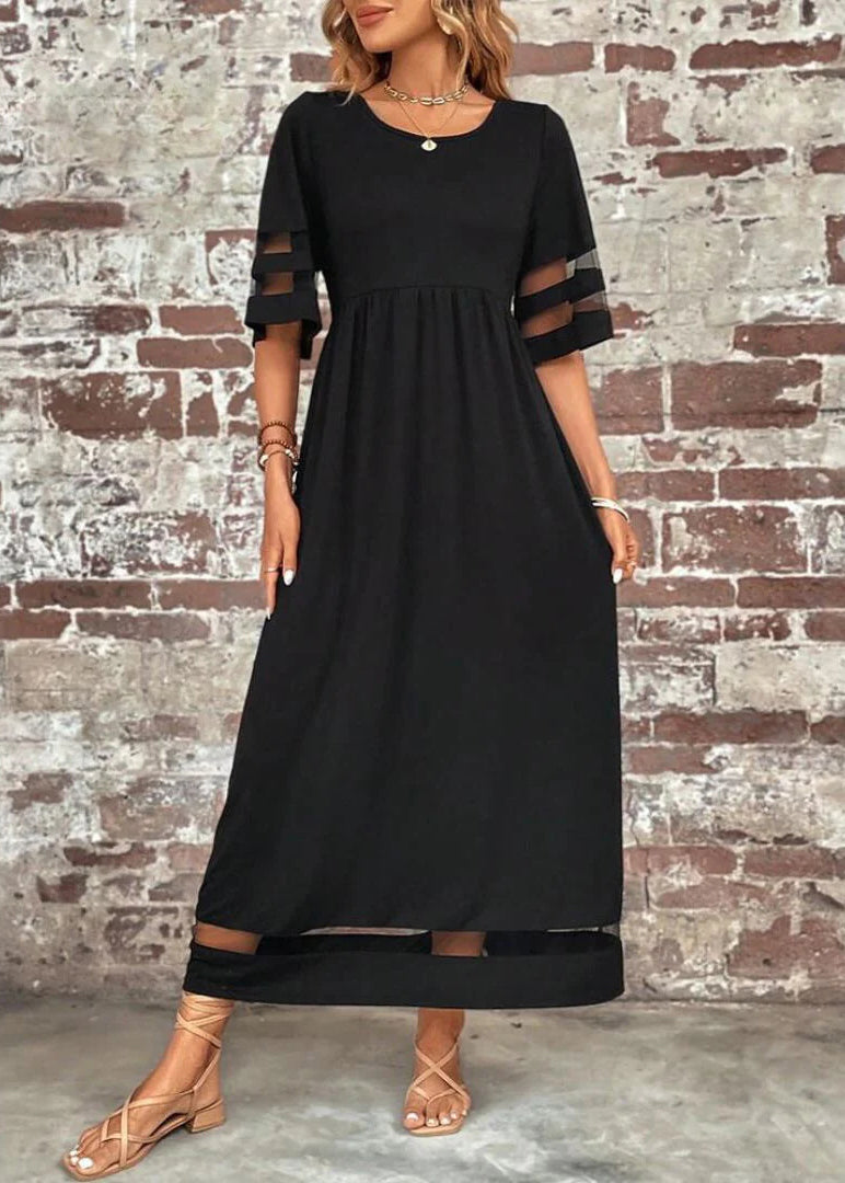 Tulle O-Neck Patchwork Summer Dress Long Black Bohemian