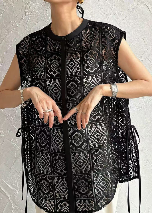 Bohemian Tops Sleeveless Out Lace Hollow Black Oversized
