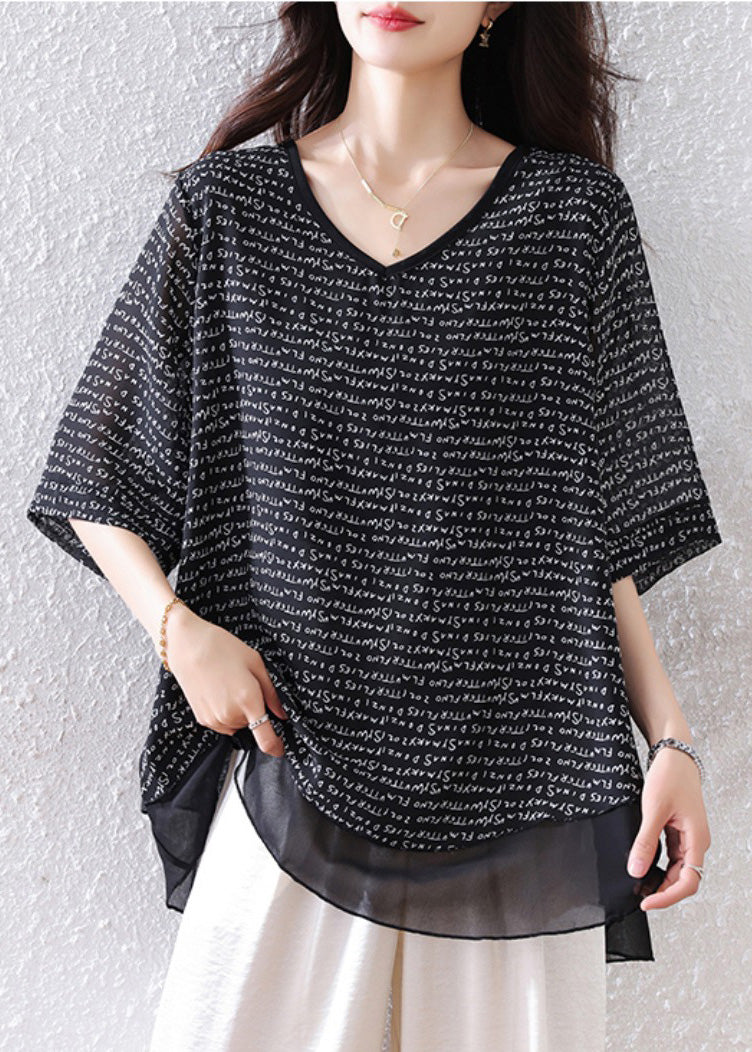 Patchwork Oversized Black Chiffon Bohemian Summer Tops