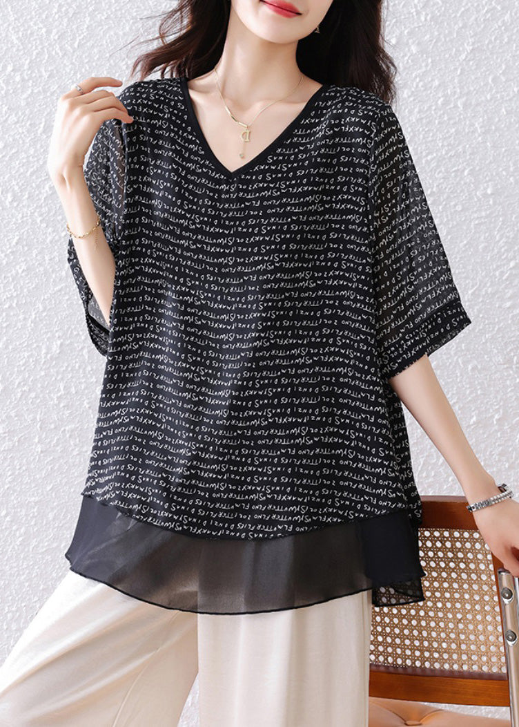 Patchwork Oversized Black Chiffon Bohemian Summer Tops