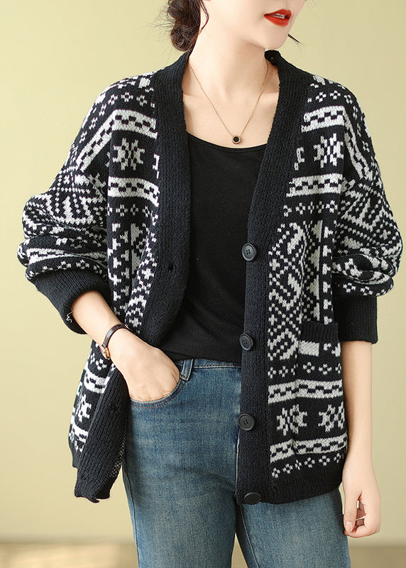 Bohemian Black Oversized Print Knit Cardigan Spring TM006