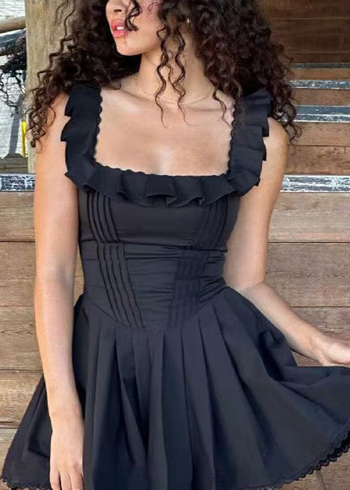 Bohemian Black Ruffled Solid Cotton Mid Dress Sleeveless YT007