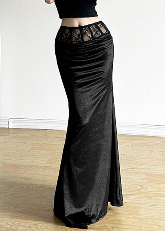 Bohemian Black Silm Fit Silk Velvet Wraped Skirt Spring YP052