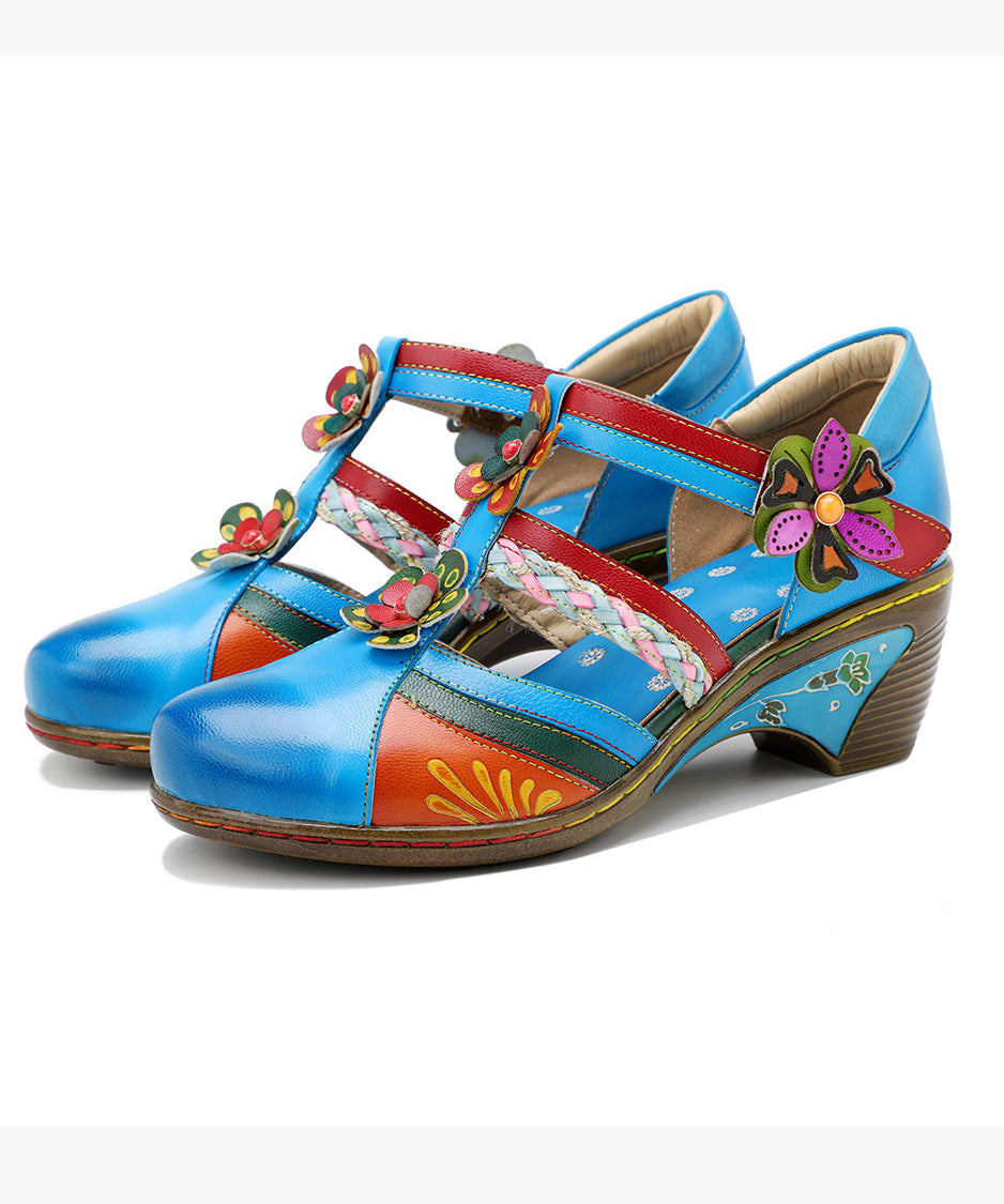 Bohemian Blue Hollow Out Floral Splicing Chunky Sandals CZ1044