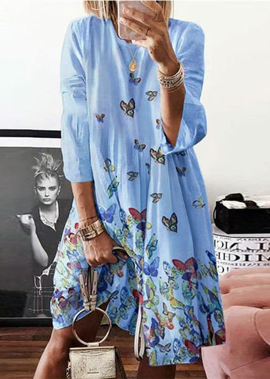 Blue Summer Bohemian Dress O Mid Print Neck Butterfly Cotton